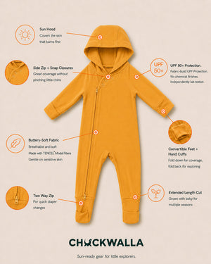 Yellow baby onesie with features highlighted on a beige background, featuring the brand 'Chickwalla'.